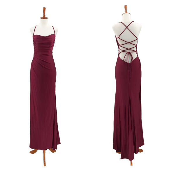 La Femme Women 10 Gown Dress Dark Berry Red 29710 Jersey Square Neck Slit Ruched - Picture 1 of 11